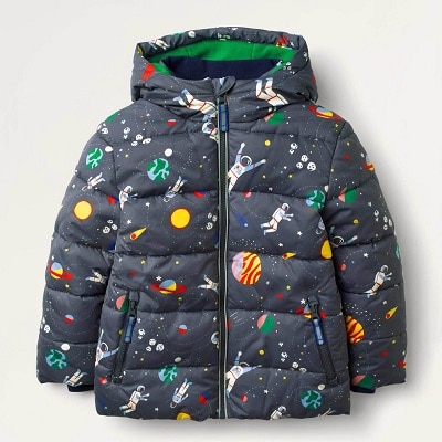 winter coat for kids in gray with space-related images all over it