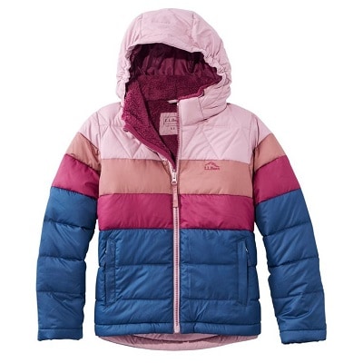 winter coat for kids with pink and blue stripes