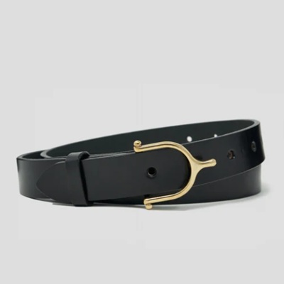 A black leather belt with gold buckle