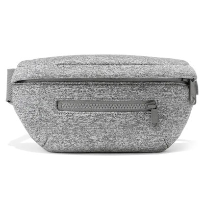A gray belt bag with a zipper