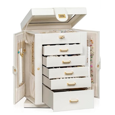 A beige tiered jewelry box with lid open