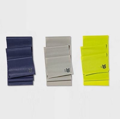 A set of three exercise bands in blue, gray, and yellow