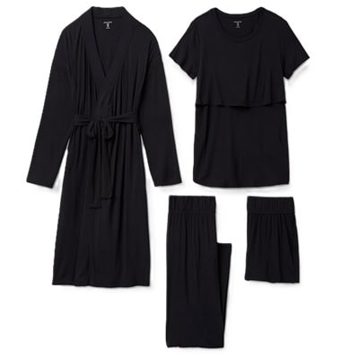 A five-piece black maternity/nursing pajama set