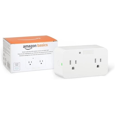 A white smart plug with product box next to it