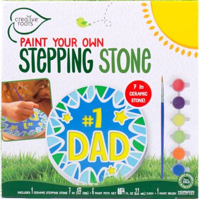 A kit to make a stepping stone for a dad. The box shows a blue plate with yellow letters reading "#1 DAD."