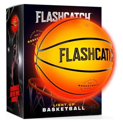 An orange light-up basketball marked "FLASHCATCH" in a black box