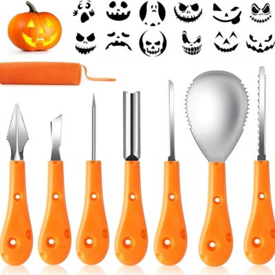 Eight pumpkin-carving tools, with a small image of a jack o' lantern and 12 black patterns to carve