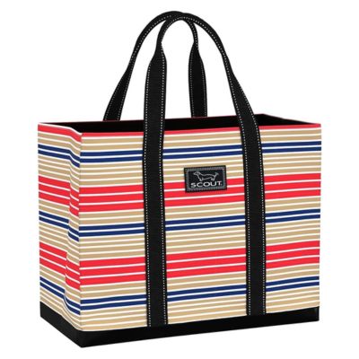 A striped large tote with black straps