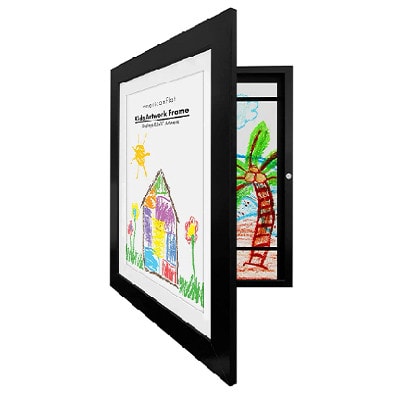 A black picture frame with a child's drawing on display and more drawings in a storage compartment