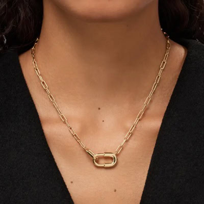 A woman (only neck and chin shown) wearing a black top and gold-tone chain and U-neck pendant