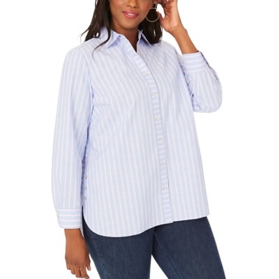 A woman wearing an Anya Stripe Non-Iron Cotton-Blend Tunic Blouse