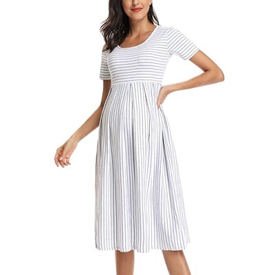 A woman wearing a Casual Striped Maternity Dress