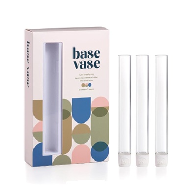 A pack of 3 vases next to the packaging box