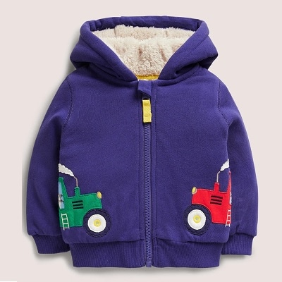 A blue hoodie for babies/toddlers with applique trucks