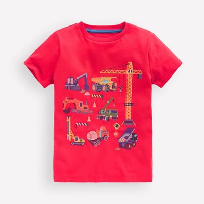 A kids' red T-shirt with construction vehicles printed on it