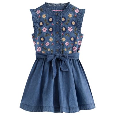 A girls' denim dress with floral embroidery