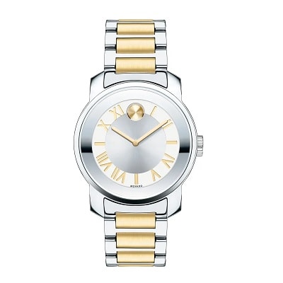 A stainless steel, women's Movado watch with Roman numerals; some links are rose gold plated