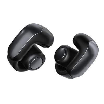 A pair of black Bluetooth earbuds