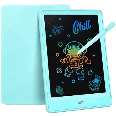 A light-blue kids' tablet with drawings on the screen (astronaut, submarine, arcade game, cupcake, symbols) and the word "Chill"
