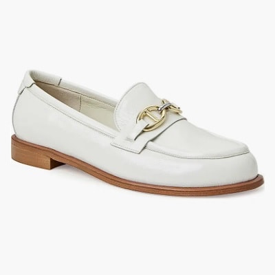 White loafer with gold plated metal chain and brown sole