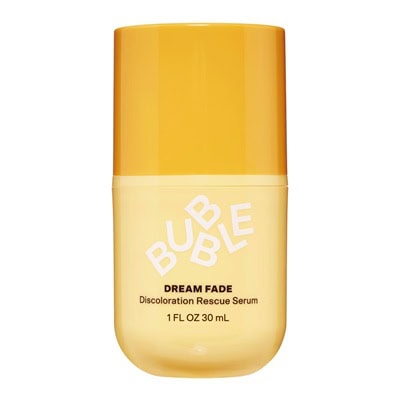 A yellow container that reads Bubble Dream Fade Discoloration Rescue Serum