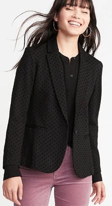 A woman wearing a  Ponte-Knit Flocked-Dot Blazer