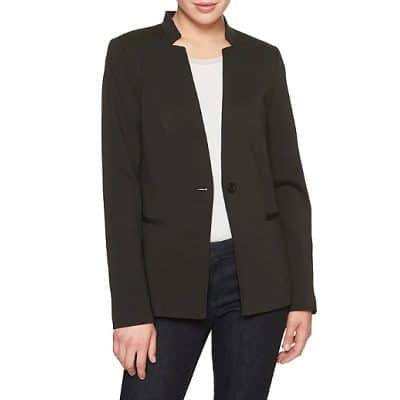 A woman wearing a Machine Washable Ponte Inverted Collar Blazer