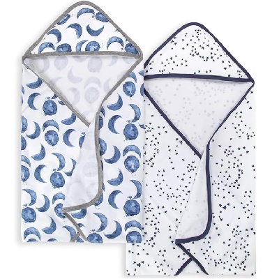 Two white printed hooded baby towels