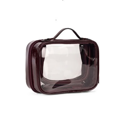 A clear cosmetics case with burgundy trim