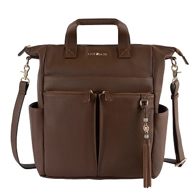 A dark brown faux leather diaper bag with gold-tone fixtures