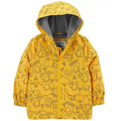 A kids' yellow raincoat with outlines of construction vehicles on it