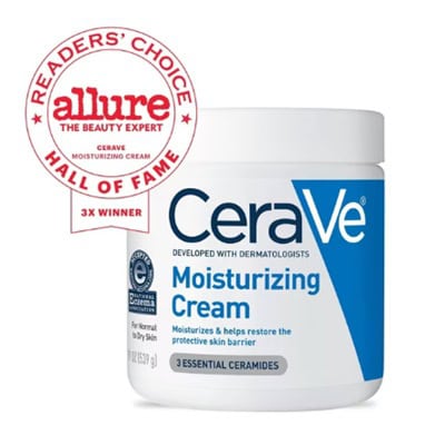 A container of CeraVe Moisturizing Cream next to the red Allure Hall of Fame seal