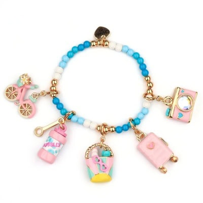 A colorful kids' charm bracelet with five pink vacation-themed charms