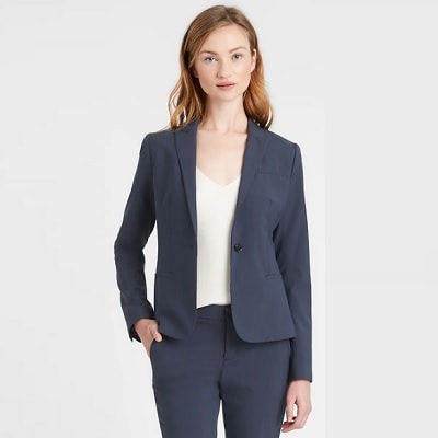 A woman wearing a Classic-Fit Washable Italian Wool-Blend Blazer