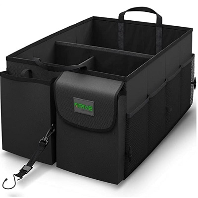 A black collapsible multi-compartment car organizer