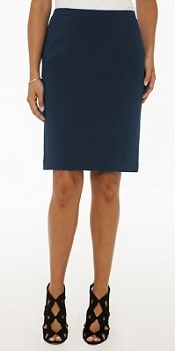 A woman wearing a Natalie Stretch Ponte Pencil Skirt in Slate Green