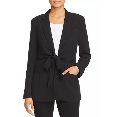 A woman wearing a black Tie-Front Jacket