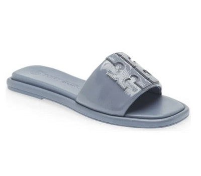 A grayish-blue Tory Burch logo sandal