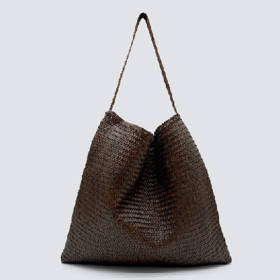 A dark brown tote bag