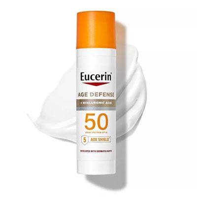 A bottle of Eucerin Age Defense sunscreen