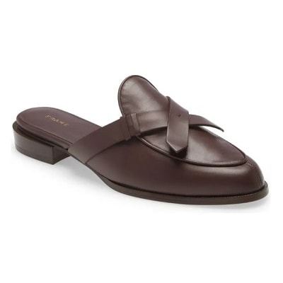 brown loafer mule with interesting crisscross pattern in front
