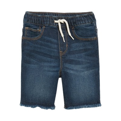 A pair of dark blue toddler jean shorts