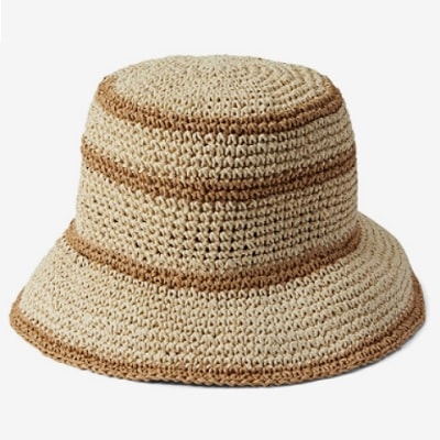 a tan bucket hat with brown stripes