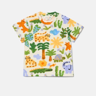 A baby T-shirt picturing multiple colorful animals