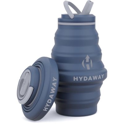 A slate blue collapsible water bottle with lid off