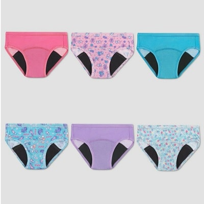 Six pairs of toddler girl underwear in solid colors and prints 