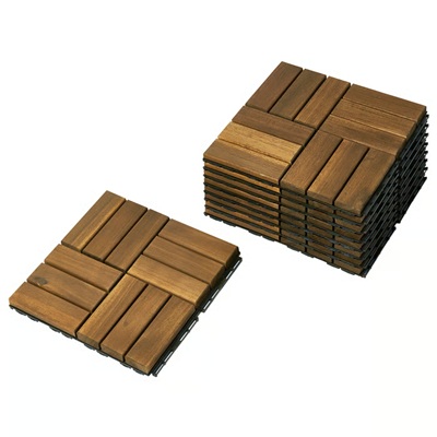 A pile of dark wood outdoor decking pieces