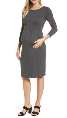 LaClef Women\'s Knee Length Midi Maternity Dress with Front Pleat - 3/4 Sleeve