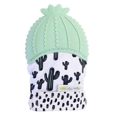 A teething mitten with green and a black-and-white cactus print