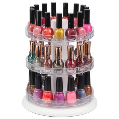 clear acrylic rotating nail polish display stand with three tiers, designed to hold up to 117 bottles 